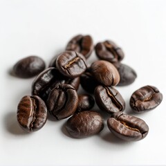 Naklejka premium Four Roasted Coffee Beans, Captured in Close-Up Detail Against a Soft, Light Background, Showcasing the Varied Textures, Shapes, and Rich Brown Tones of the Beans with Subtle Shadows.