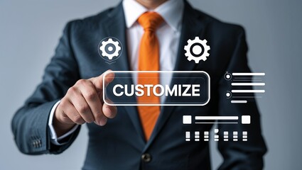 Business man using virtual touch screen presses word: CUSTOMIZE. Concept of customize business product. Adjustment, customization and alignment