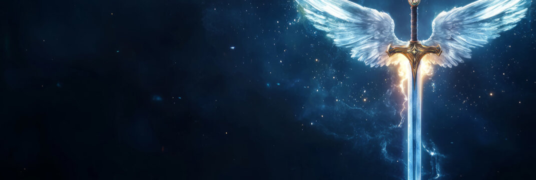 Fantasy holy sword with radiant golden light, angelic wings carved