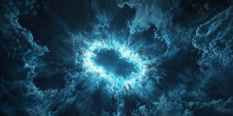 Gigantic stellar explosion with glowing plasma waves, radiating outward against a dark nebula-filled background