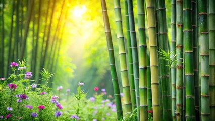 Fototapeta premium Dense cluster of green bamboo stalks swaying gently in the breeze, surrounded by lush foliage and vibrant wildflowers, nature, natural world