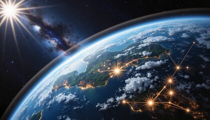Obraz premium Futuristic global data exchange from Earth s orbit, interconnected networks