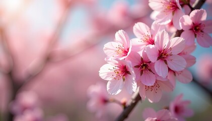 Close-up of pastel pink cherry blossoms blooming in a springtime background, pink, spring