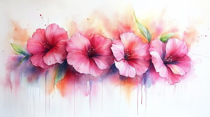 A vibrant watercolor painting of pink hibiscus flowers with soft background colors.
