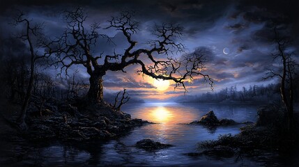 Fototapeta premium Dark lake, gnarled tree silhouette at sunset.