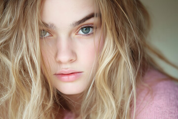 Fototapeta premium Close Up Portrait of a Young Woman with Natural Blonde Hair and Soft Expression