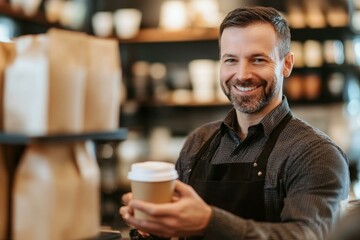 Smiling Cafe Staff Member with Coffee Cup