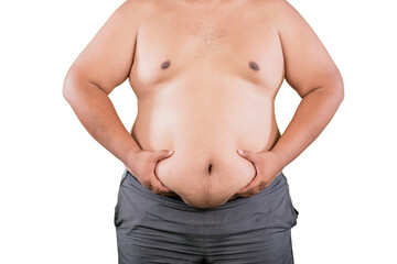 Naklejka premium Close-up of Overweight Man Pinching Belly Fat, Weight Loss and Fitness Concept