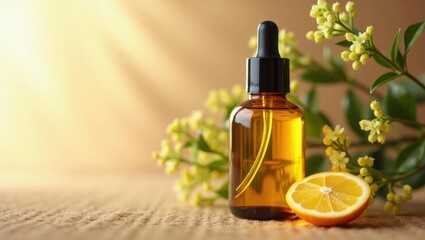 Hair growth oil. Small bottle of oil is next to lemon and some flowers