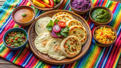 A steaming plate of traditional Salvadoran pupusas is placed on a vibrant tablecloth, surrounded by an assortment of colorful condiments and fresh vegetables, salsa, curtido