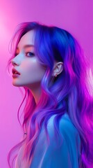 Naklejka premium Asian Hair Model for Advertising Hair Care. Portrait of a woman with vibrant hair colors.