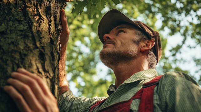 Focused Forestry Worker Examining Tree in Natural Environment - Powered by Adobe