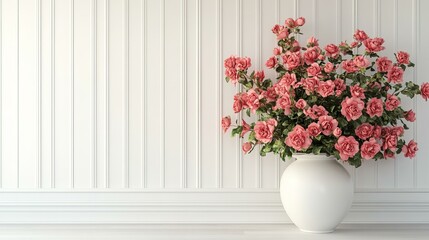 Fototapeta premium Elegant Pink Roses in a White Vase on a White Wall