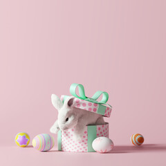 Happy Easter day, Bunny in a gift box. 3d rendering	