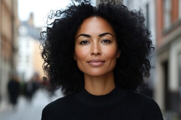 A beautiful woman with curly black hair outdoors in a city