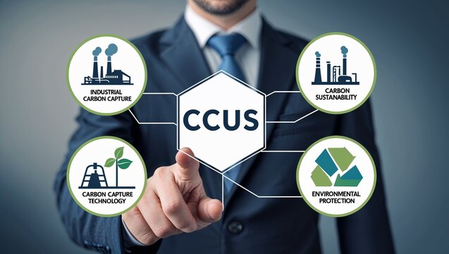 CCUS Carbon Capture Utilization Storage Concept. Renewable energy, solar, wind energy and carbon capture