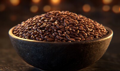 Brown rice grains in bowl, warm bokeh background, food photography