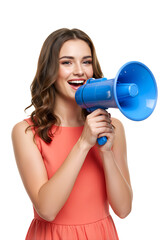 Trendy young woman screaming in a loudspeaker, announcing discount and offer sales, white background, isolated