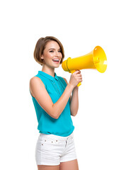Trendy young woman screaming in a loudspeaker, announcing discount and offer sales, white background, isolated