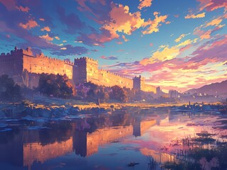 The golden glow of the ancient walls in anime style and the sunrise over the fortress reflected in the calm sea