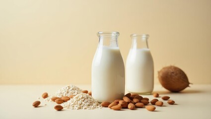 Dairy free creamer. Plant-based Protein Plant Barley milk Macadamia Peanut Powder Remilk Change Foods TurtleTree Almond cow Two glass bottles with fresh white surrounded by almonds, oat flakes, and c
