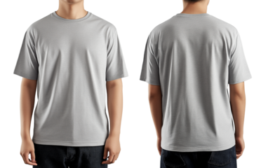 A gray oversized t-shirt mockup on an Asian man, front and back view, isolated on transparent background PNG