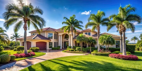 Expansive luxurious house with a serene landscaped garden in Florida under clear blue sky, palm trees swaying gently , serene atmosphere, tropical garden