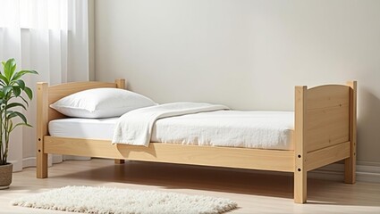 Montessori bed. Wooden single bed with white linens in bright cozy bed