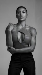 A beautiful woman is wearing stylish and sensual outfit,black and white photography,black hair,confident,attitude ,generated by AI