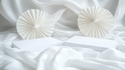 Minimalist White Display Pod with Paper Fan Decor