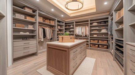 A luxury walk-in closet with custom shelving, soft lighting, and a central island for accessories, embodying modern organization and elegance 