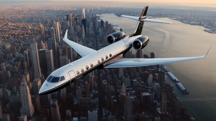 Fototapeta premium A luxury private jet flying above a city skyline, representing elite travel and modern aviation