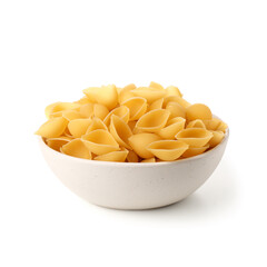 Bowl of raw conchiglie pasta isolated on white background
