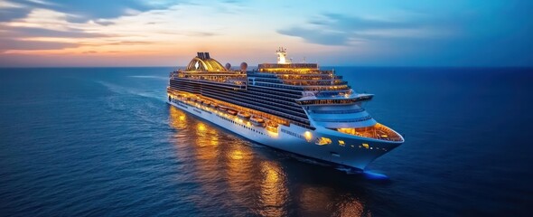 A luxury cruise ship sailing on the sea, an aerial view of a massive, white and blue luxury cruise line ship with golden lights at night in the open ocean. Aerial drone shot. Luxury vacation concept. 