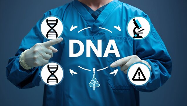 Geneticist using virtual touch screen presses text: DNA. DNA experiment, medical analysis and engineering solution - Powered by Adobe