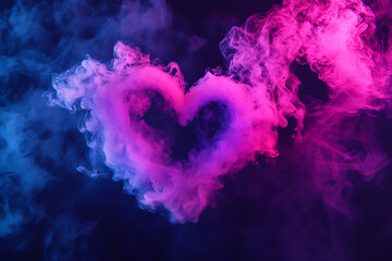 Fototapeta premium A heart-shaped smoke formation in vibrant pink and blue hues against a dark background.