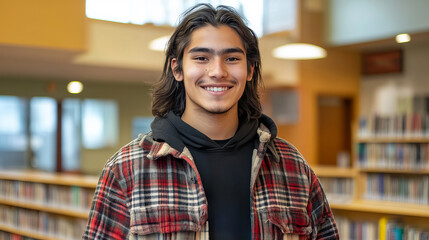 Indigenous Teen Engaging with Community at Library, Promoting Knowledge and Cultural Awareness
