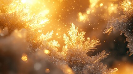 Fototapeta premium A breathtaking close-up of snow crystals on evergreen branches, catching the warm glow of the sun.