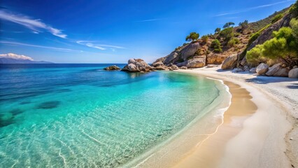 Fototapeta premium Serene beach scene with crystal clear blue waters and powdery white sand at Livadi beach in Ikaria island , crystal blue water, tranquil paradise