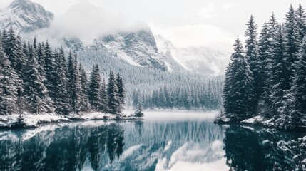 A breathtaking alpine lake surrounded by snow-dusted trees, with mountains in the background.