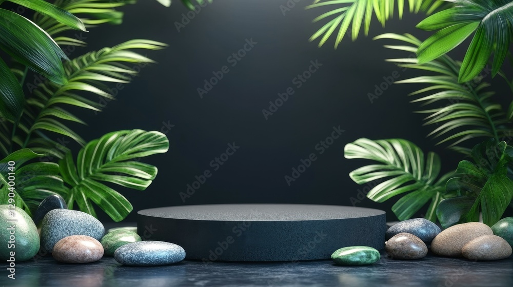 Poster Dark Gray Round Display Podium With Green Plants