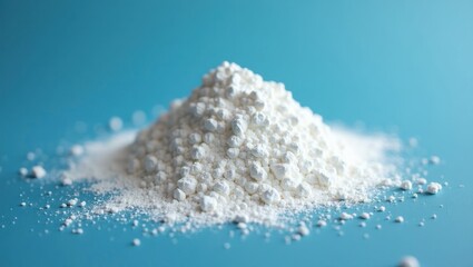 Electrolyte powder. White powder heap with fine texture on blue surface, close-up, suitable for cooking, baking, pharmaceutical, science, or cosmetic themes, bright natural light and soft shadows bac