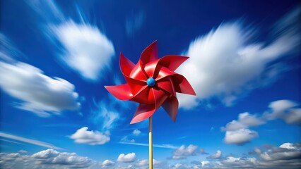 A dynamic red pinwheel spinning freely in the air, its vibrant color standing out against a soft, gradient blue sky with wispy white clouds , rotation, motion graphic