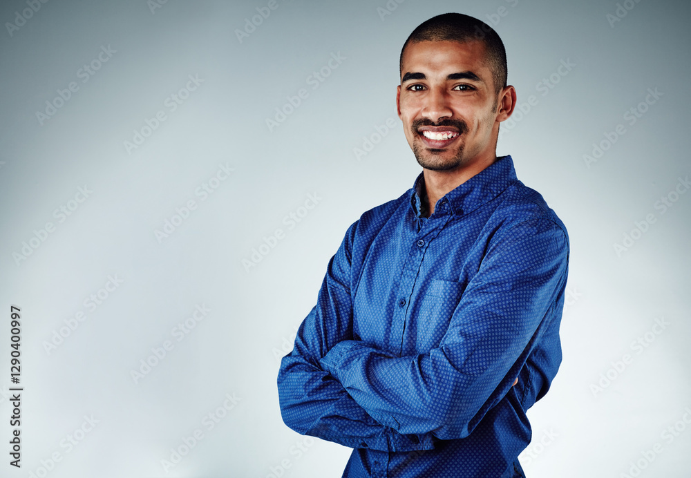 Poster happy, businessman and portrait with confidence in studio for career in design on a gray background.