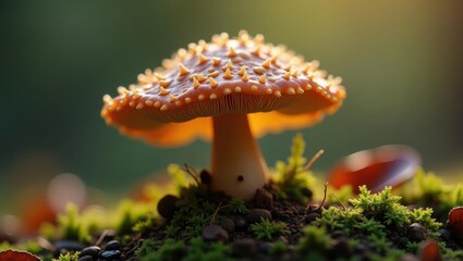 Microdose mushroom. Close-up of orange-brown spotted mushroom growing on green moss in forest morning light, nature background for autumn, wildlife, ecosystem, outdoor exploration, botanical study, e