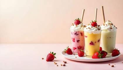 strawberry mousse dessert on a light background with space above for text
