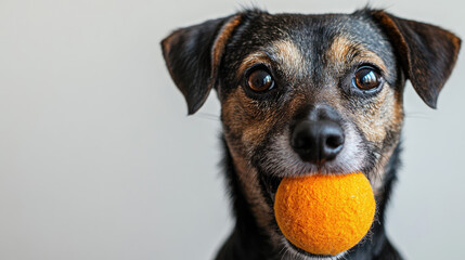 Adorable beautiful cute dog posing for photographer playing with her favorite toy on white background
