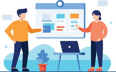 Two Entrepreneurs Presenting a Business Plan - Vector Illustration for Print & Digital Use