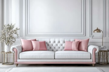 Elegant White Sofa with Pink Cushions in a Classic Interior