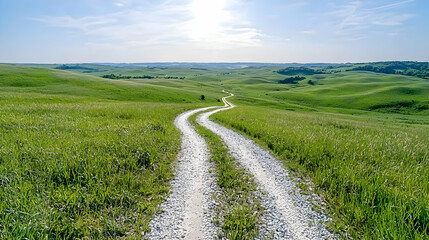 Fototapeta premium Winding road through grassy hills, sunny day, peaceful landscape, travel photography